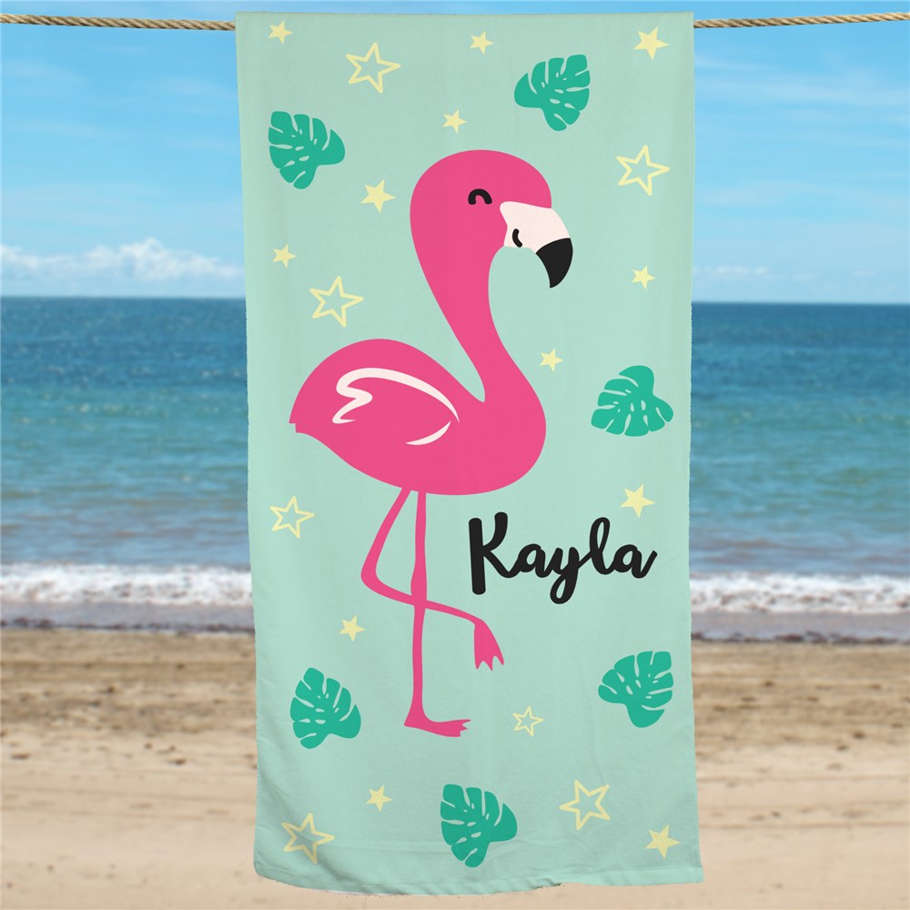 Personalized flamingo beach towel for girls featuring custom name design – soft cotton summer towel for kids