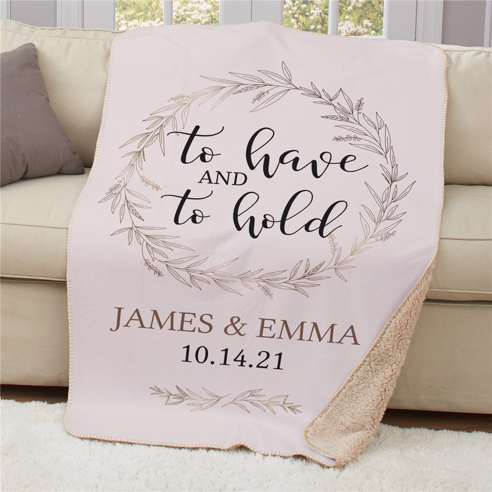 Personalized sherpa throw with “To Have and To Hold” message and couple’s names