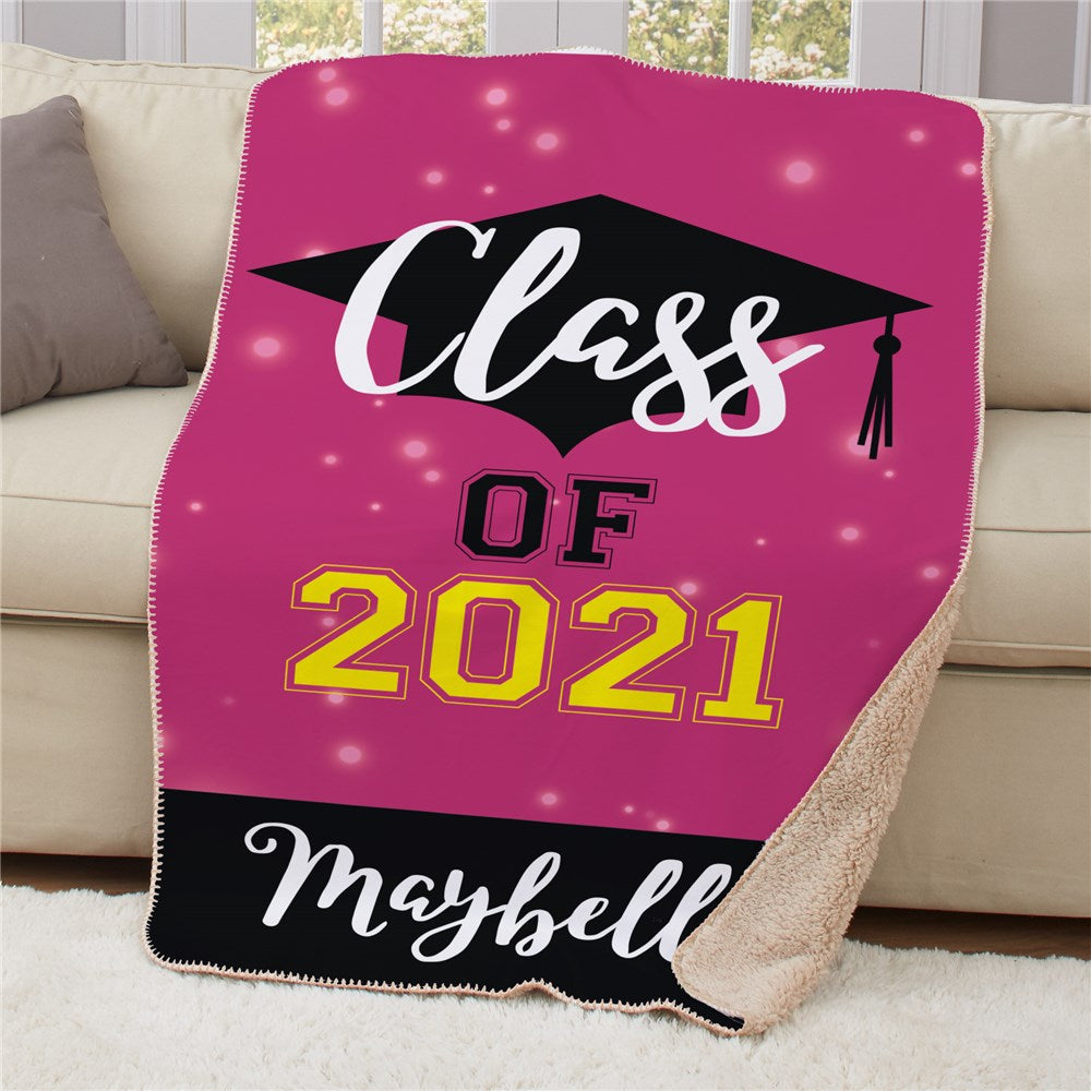 Personalized sherpa graduation blanket in red with Class Of design, custom year, and name