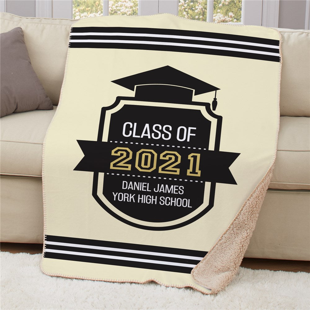Graduation sherpa throw printed with name, school, and year – custom soft fleece blanket with badge design