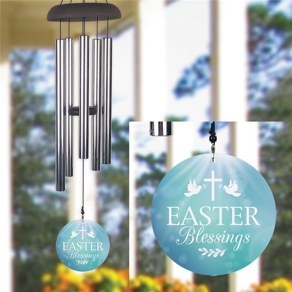 A beautifully designed wind chime featuring doves and a cross, crafted from aluminum and wood. Ideal for Easter, religious occasions, or as a peaceful outdoor accent.
