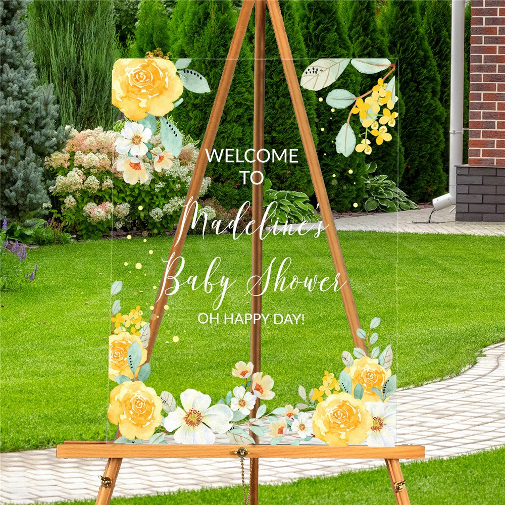 Custom floral acrylic party sign with five personalized text lines – ideal for baby or bridal showers