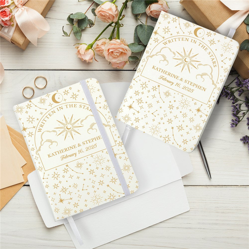 Personalized Written in the Stars small leatherette notebook with celestial design, faux leather journal with lined pages, elastic closure, and custom message