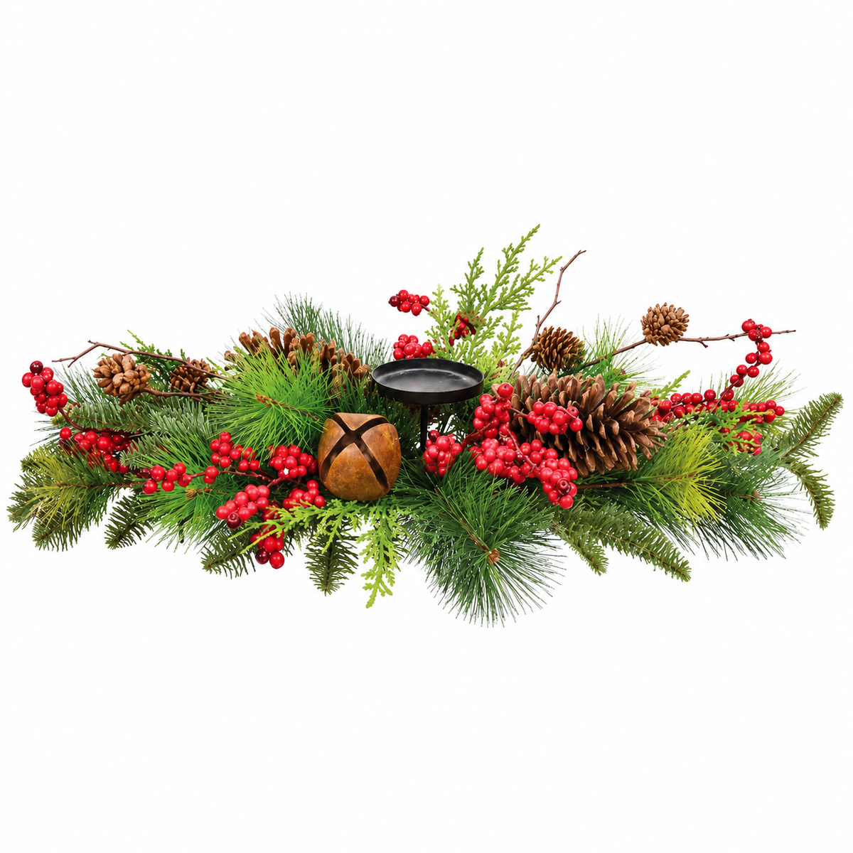 A festive Christmas greenery garland centerpiece featuring pine branches, pinecones, red berry sprigs, a small brown bell, and a black metal candle holder, isolated on a white background.