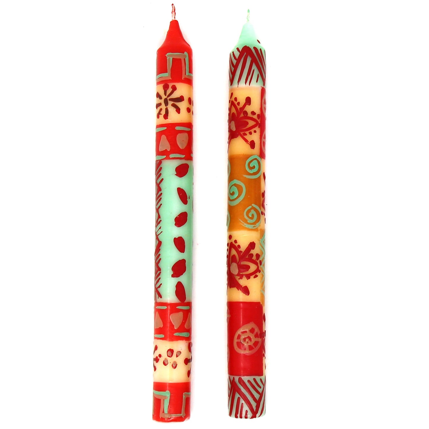 Fair trade South African candles featuring cultural patterns and natural pigments