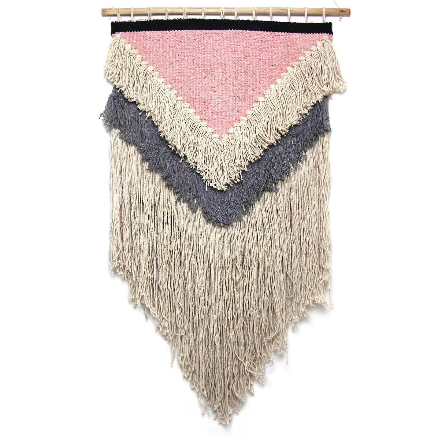 Handwoven boho wall hanging in pink and cream, crafted from recycled cotton with a neutral fringe.