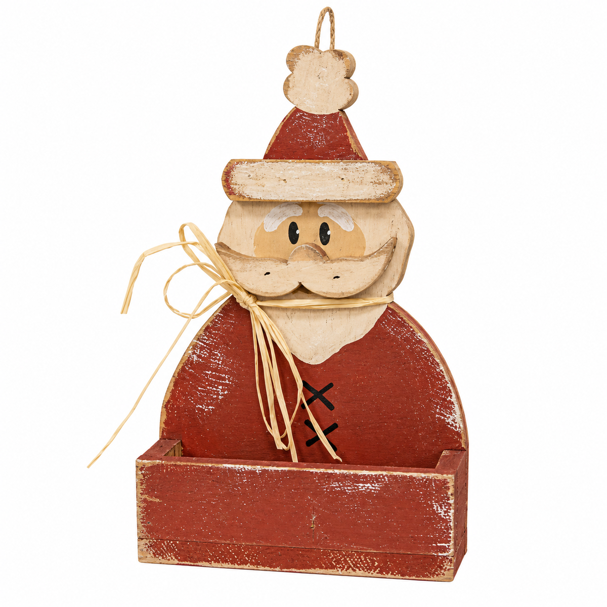 A rustic Santa Claus wooden wall hanging decoration with a distressed red coat and hat, natural wood face and beard, and a small hanging loop at the top.