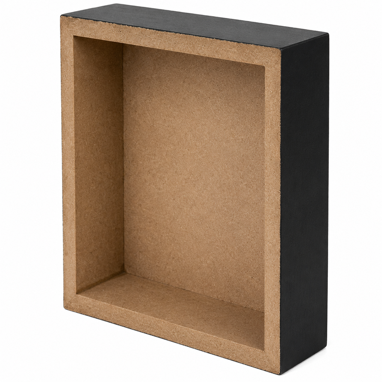 A square open-front display box or shadow box made from layered brown kraft paper with a black outer side, shown on a plain white background.