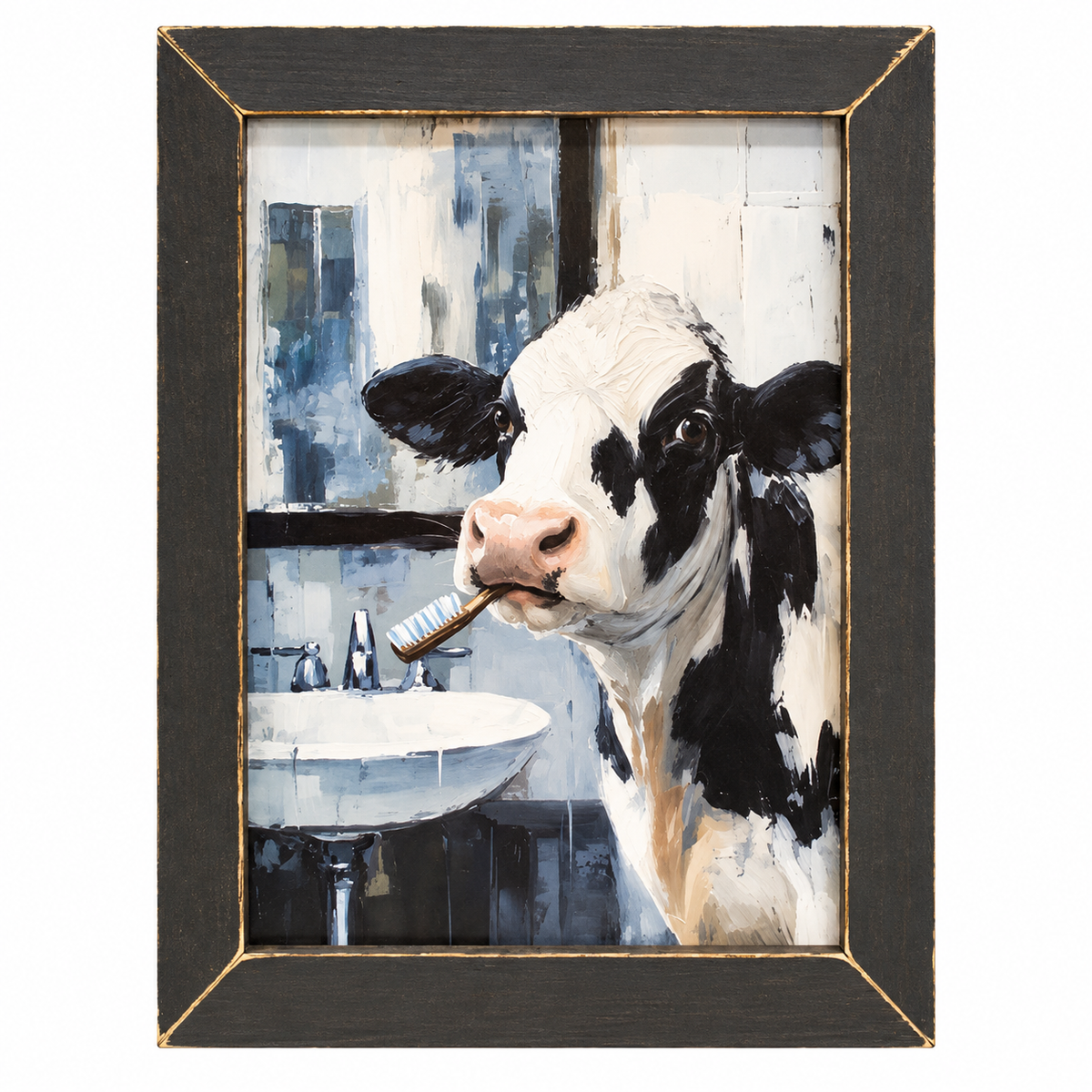 A framed art print depicting a black and white cow brushing its teeth in a bathroom, set in a dark wood frame with gold-toned inner trim, shown against a plain white background.