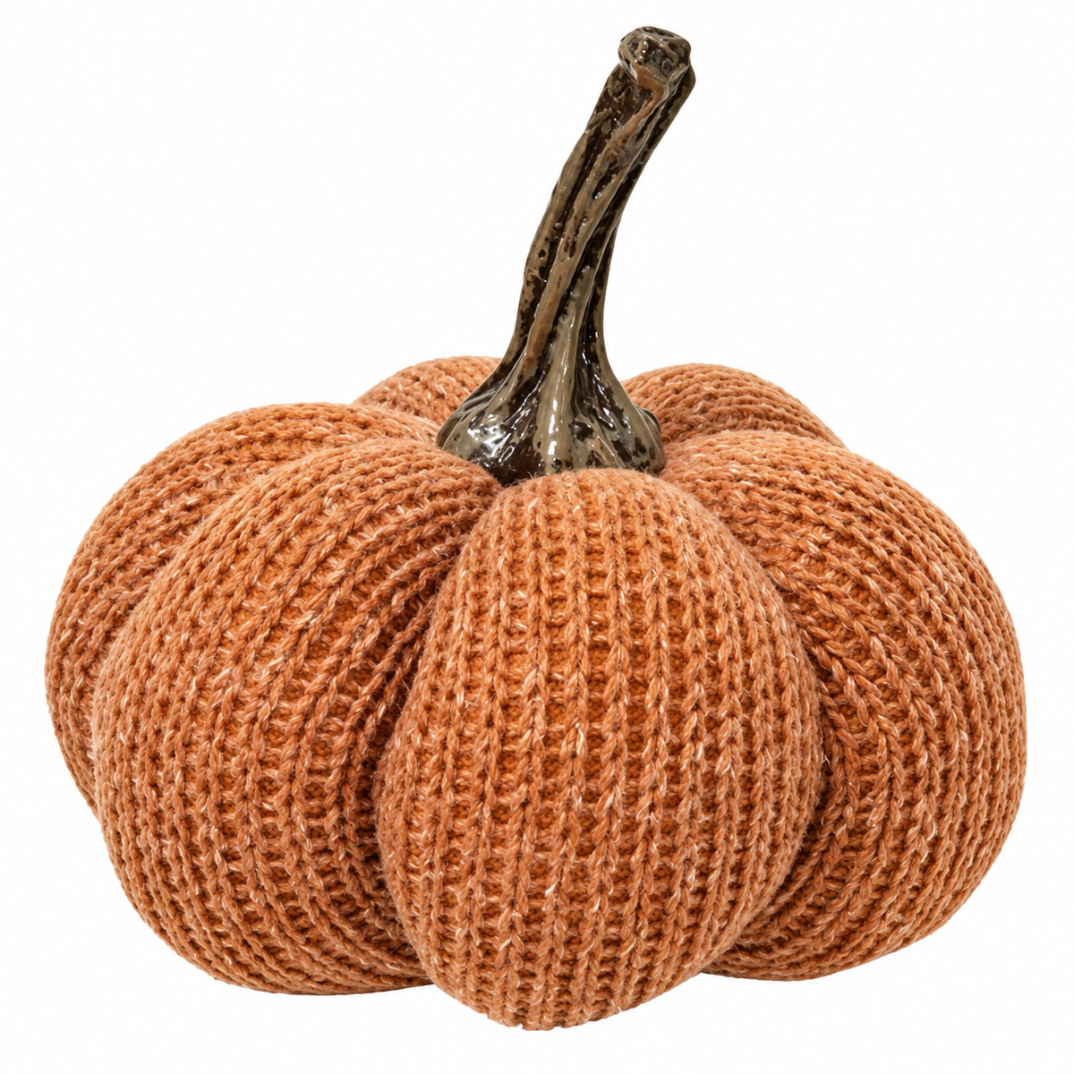 A decorative knitted pumpkin in a warm rust-orange color with a textured, ribbed knit body and a dark brown faux-wood stem, isolated on a white background.