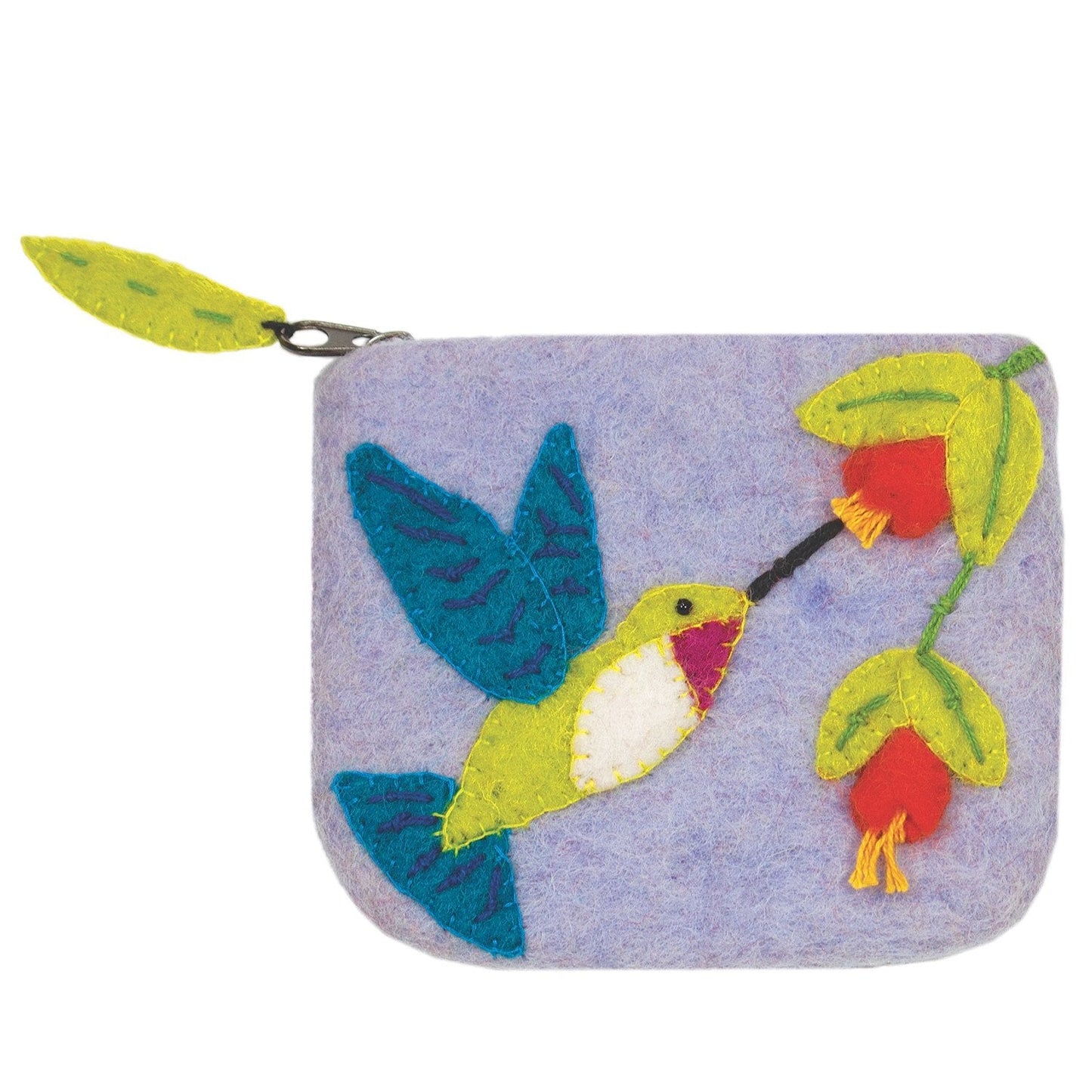 Handmade felt coin purse featuring a colorful hummingbird design on soft wool fabric, with cotton lining and zipper closure