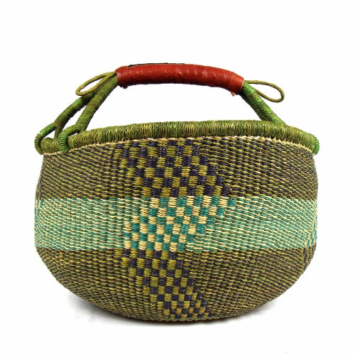 Handmade Ghana market basket with flexible structure and colorful weave