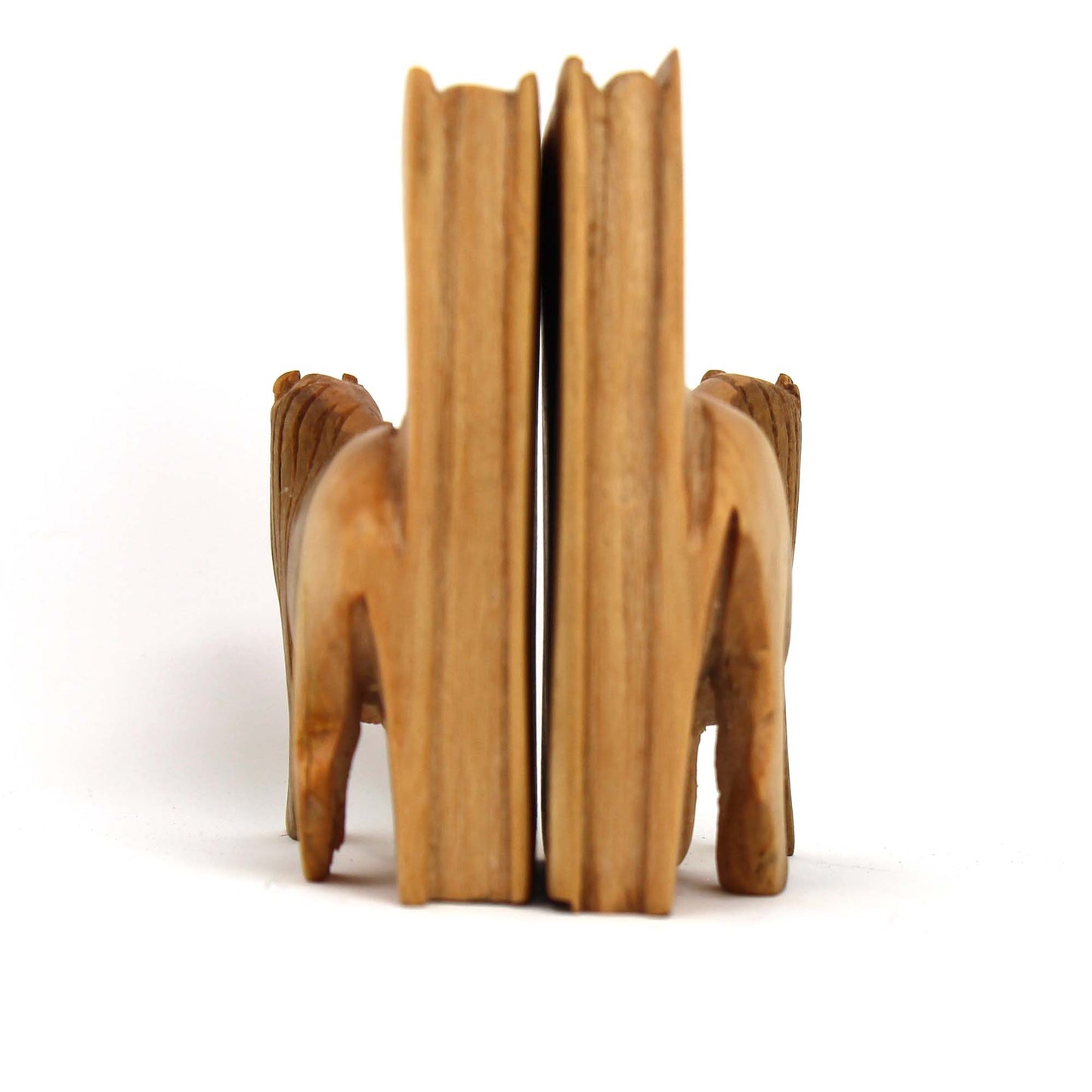 Full view of both carved wood lion bookends on white background