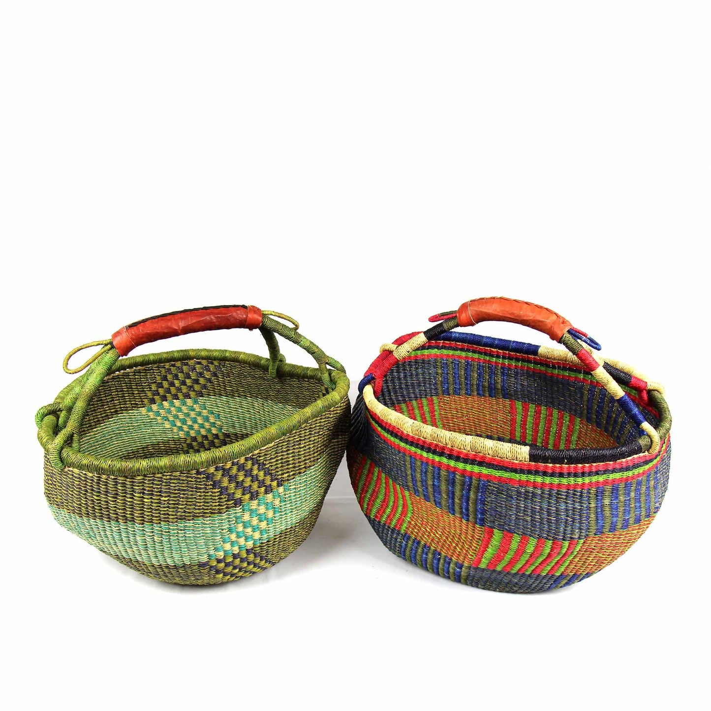 Handwoven Bolga market basket with colorful elephant grass pattern and leather handle