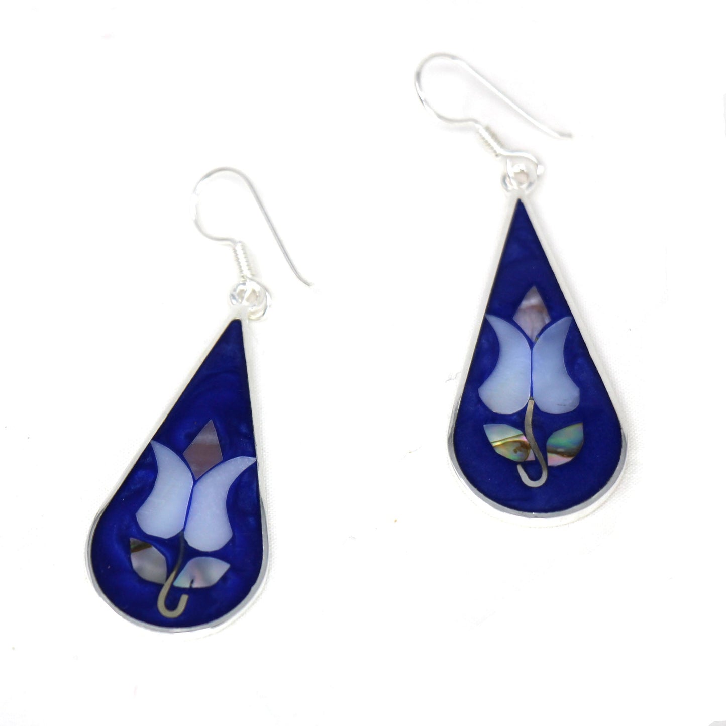 Tulip drop earrings made with alpaca silver and shimmering abalone shell