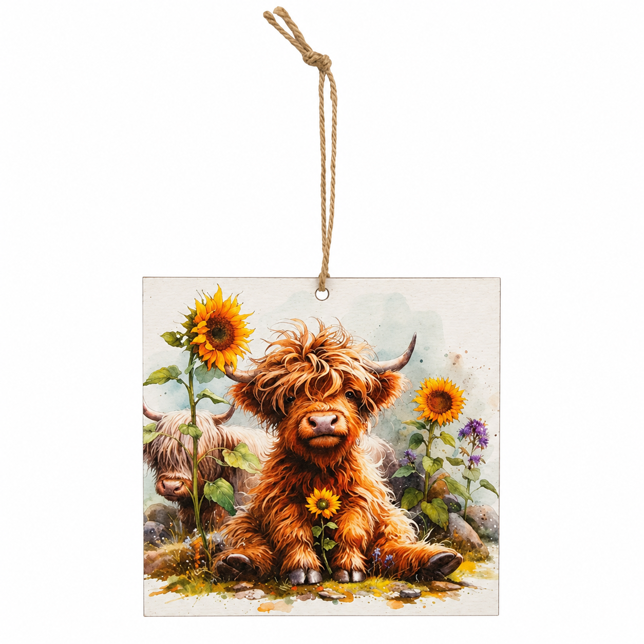 Farmhouse Highland cow wood ornament with sunflower artwork, brown cow family, rustic country décor, and natural jute hanging loop