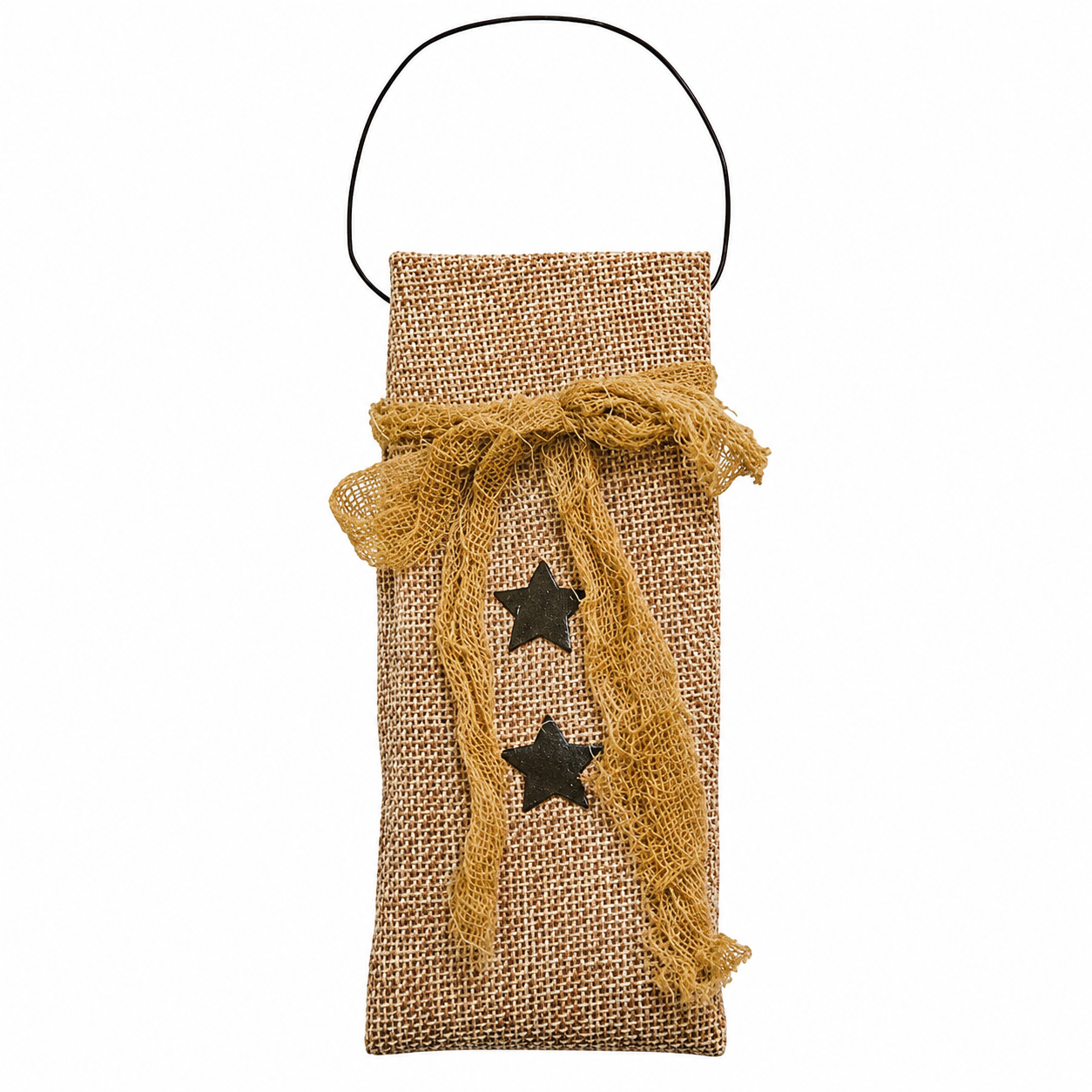 Primitive burlap star bag with tea-dyed cheesecloth ribbon and black wire hanger for farmhouse and country decorating