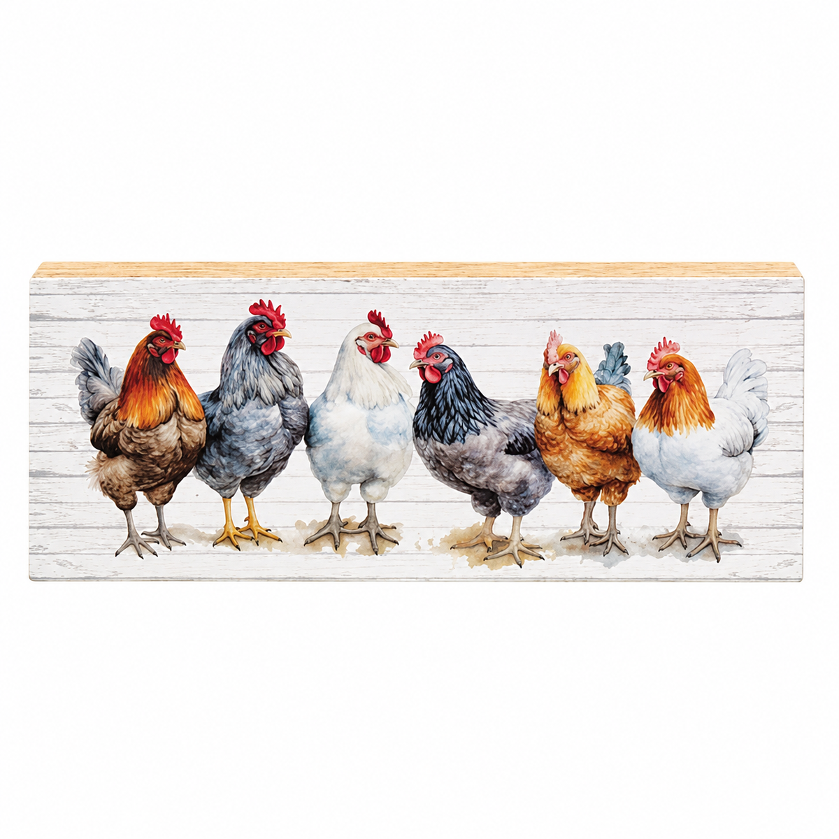 A rectangular decorative wall sign featuring a watercolor-style illustration of seven chickens standing side by side on a white wood-plank background.