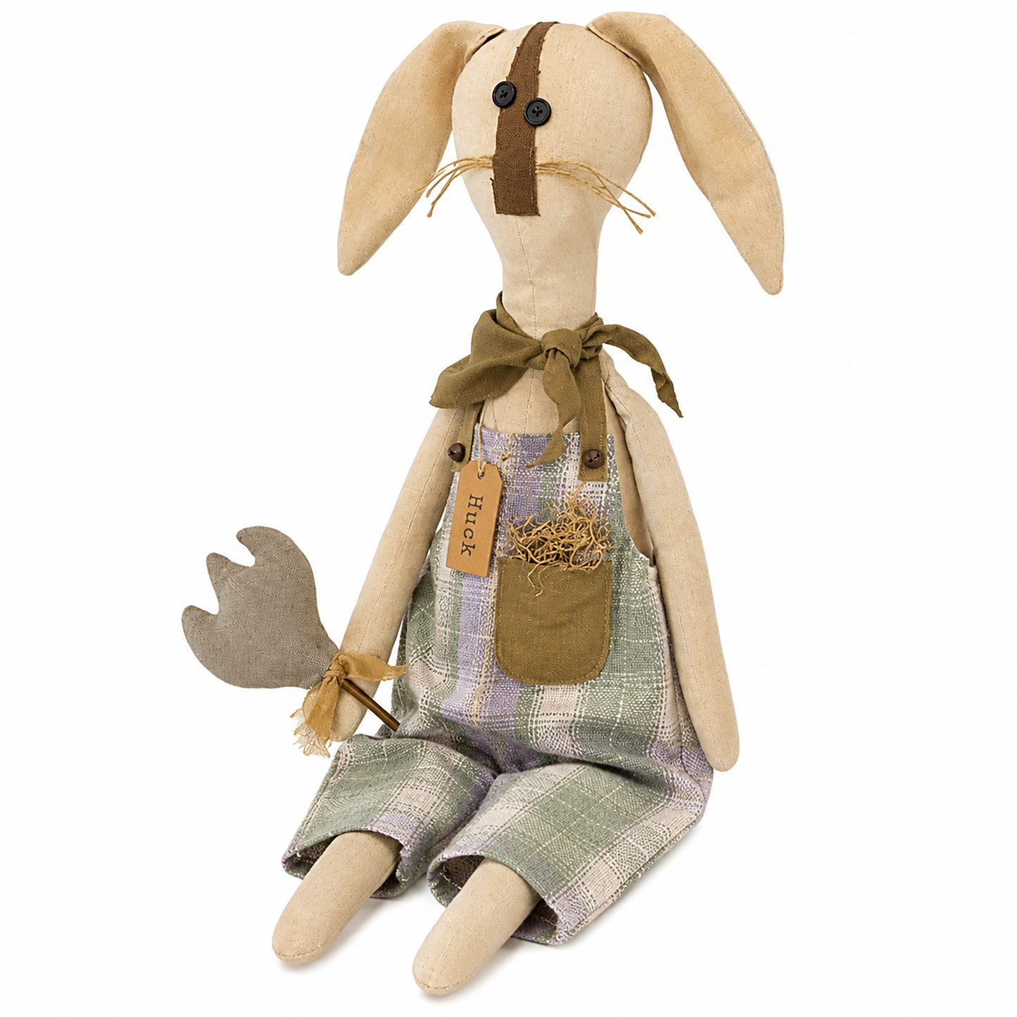 Large stuffed fabric rag doll bunny shelf sitter with long dangling legs, posable ears, plaid overalls, primitive tulip, and neutral country styling for farmhouse shelves, mantels, and spring decorating.