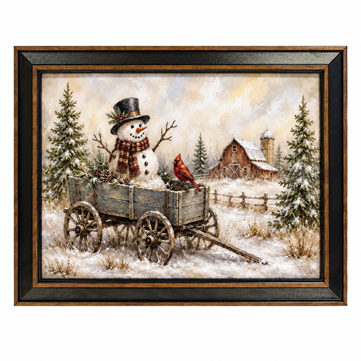 Framed winter landscape artwork showing a snowman in a wagon with a red cardinal, snow-covered trees, a rustic barn, and a cloudy sky, presented in a dark wood frame against a white background.
