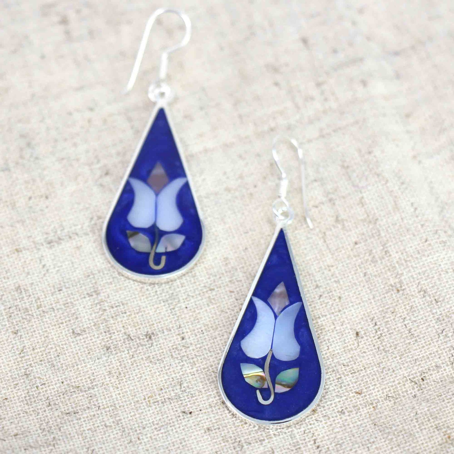 Iridescent blue and green shell earrings handcrafted in Taxco, Mexico