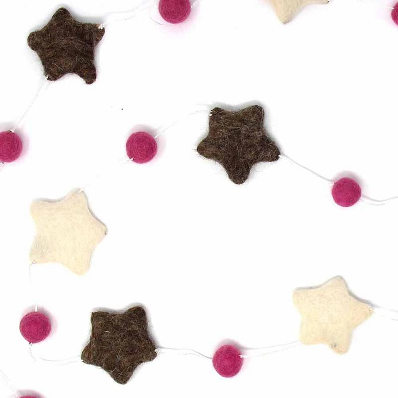 Fair trade wool garland with stars and spheres in pink and grey