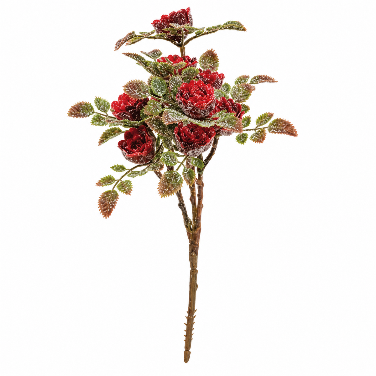 An artificial floral stem featuring clusters of deep red faux roses covered in white frost-like detailing, surrounded by textured green leaves and brown stems, isolated on a white background.