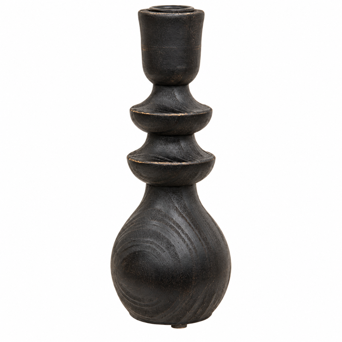 A dark brown wooden candlestick holder with a textured, distressed finish and a stacked, tiered design, shown against a plain white background.
