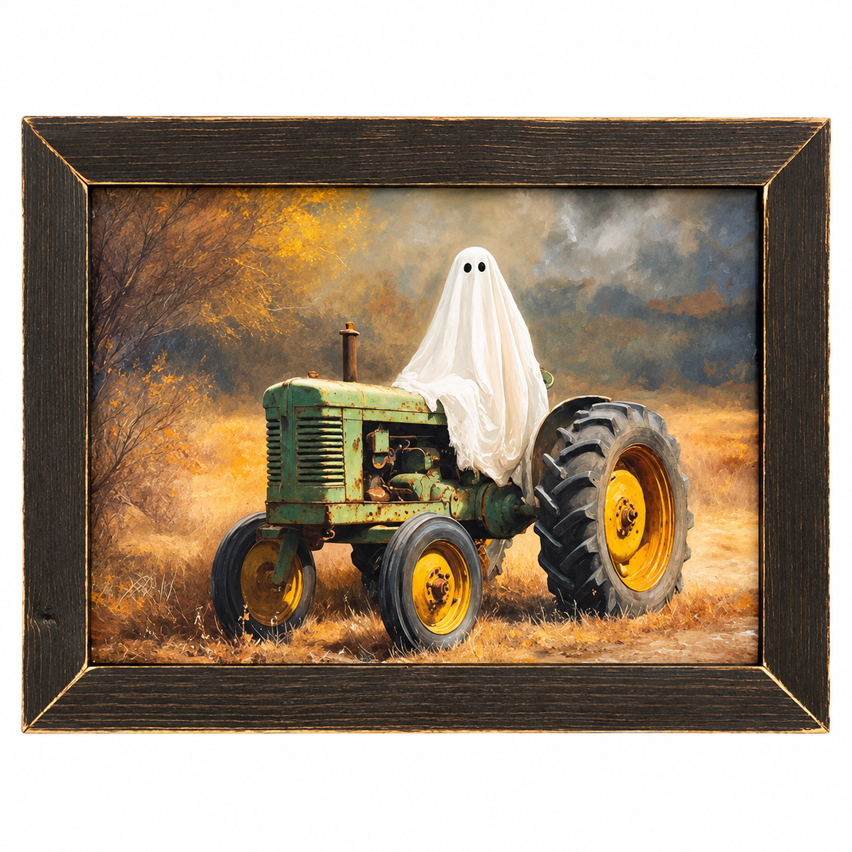 Ghost on Green Tractor Framed Halloween Print - 12" x 16"