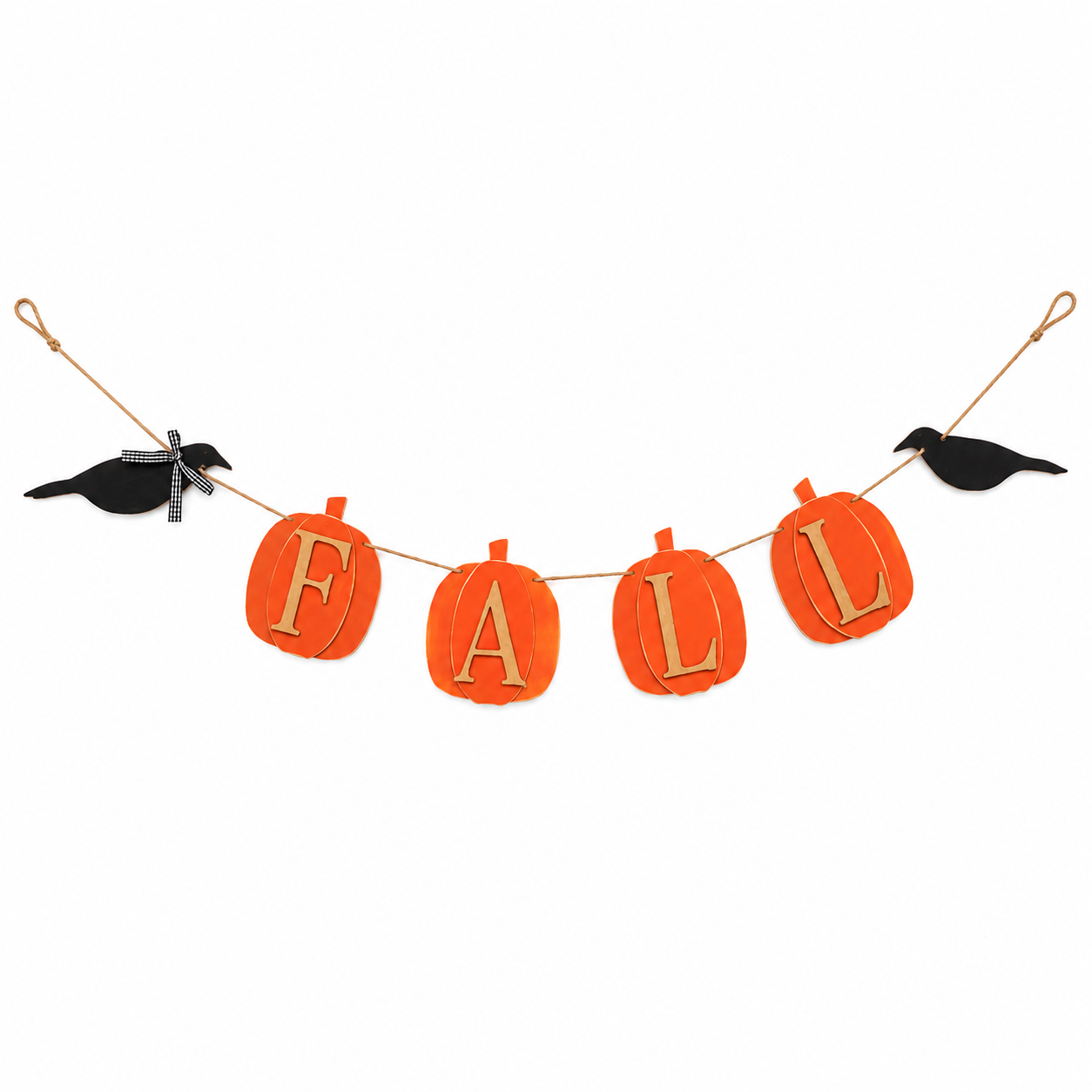 An autumn 'FALL' letter banner made of orange felt pumpkins with gold letters, strung on a cord with black felt crow and bird decorations on either side, shown against a plain white background.