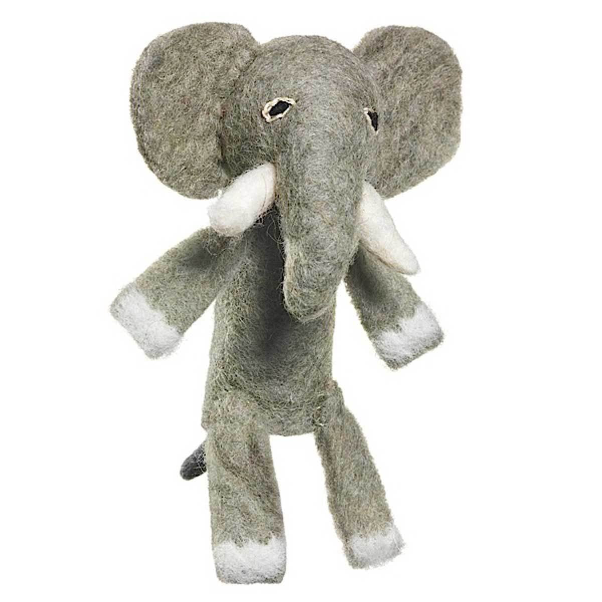 Handmade felt elephant finger puppet crafted from wool with gray body and pink ears