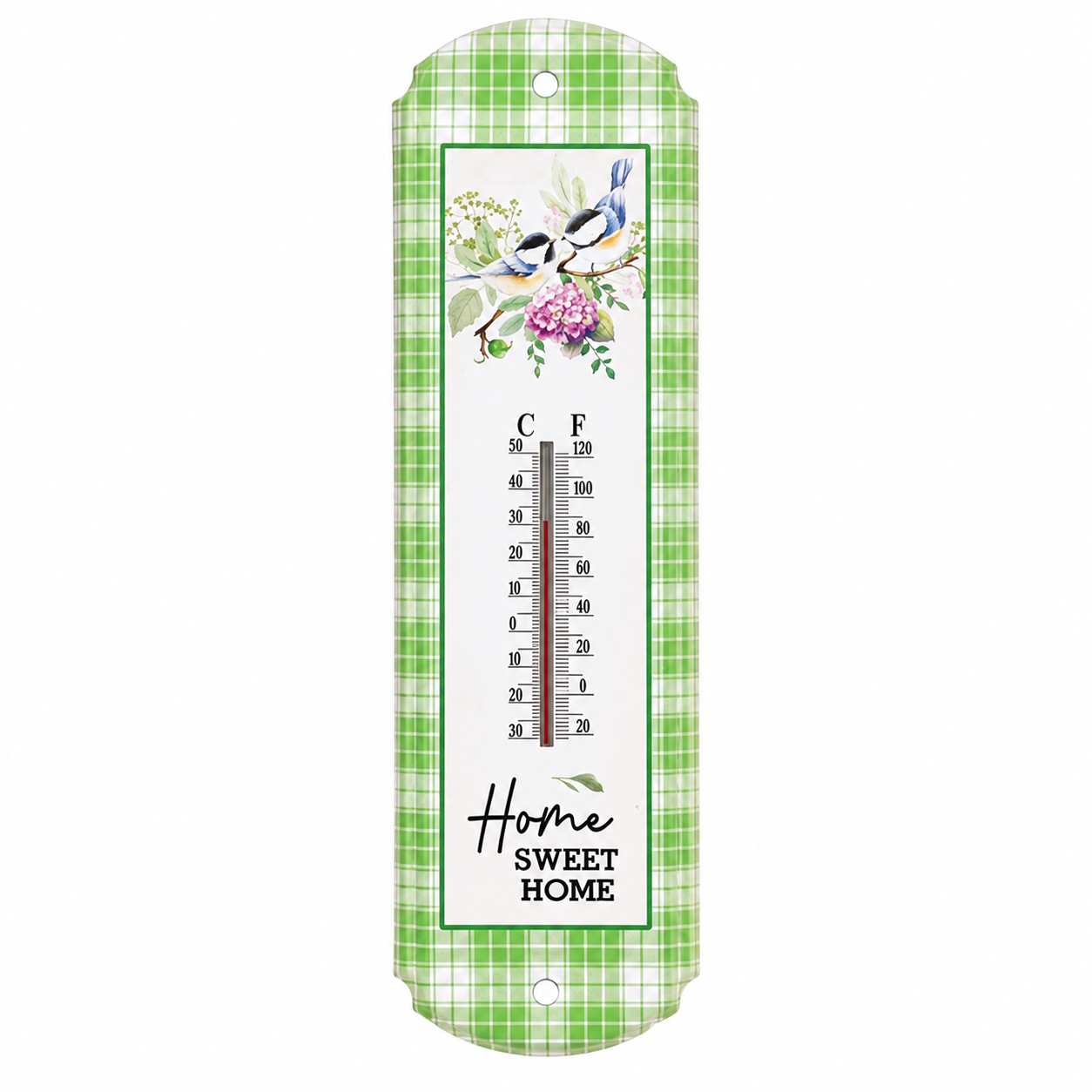 A vertical wall thermometer with a green and white plaid border, featuring a central white panel decorated with bluebirds, pink flowers, and a Celsius-Fahrenheit temperature scale. The bottom reads 'Home Sweet Home' in script and serif fonts.