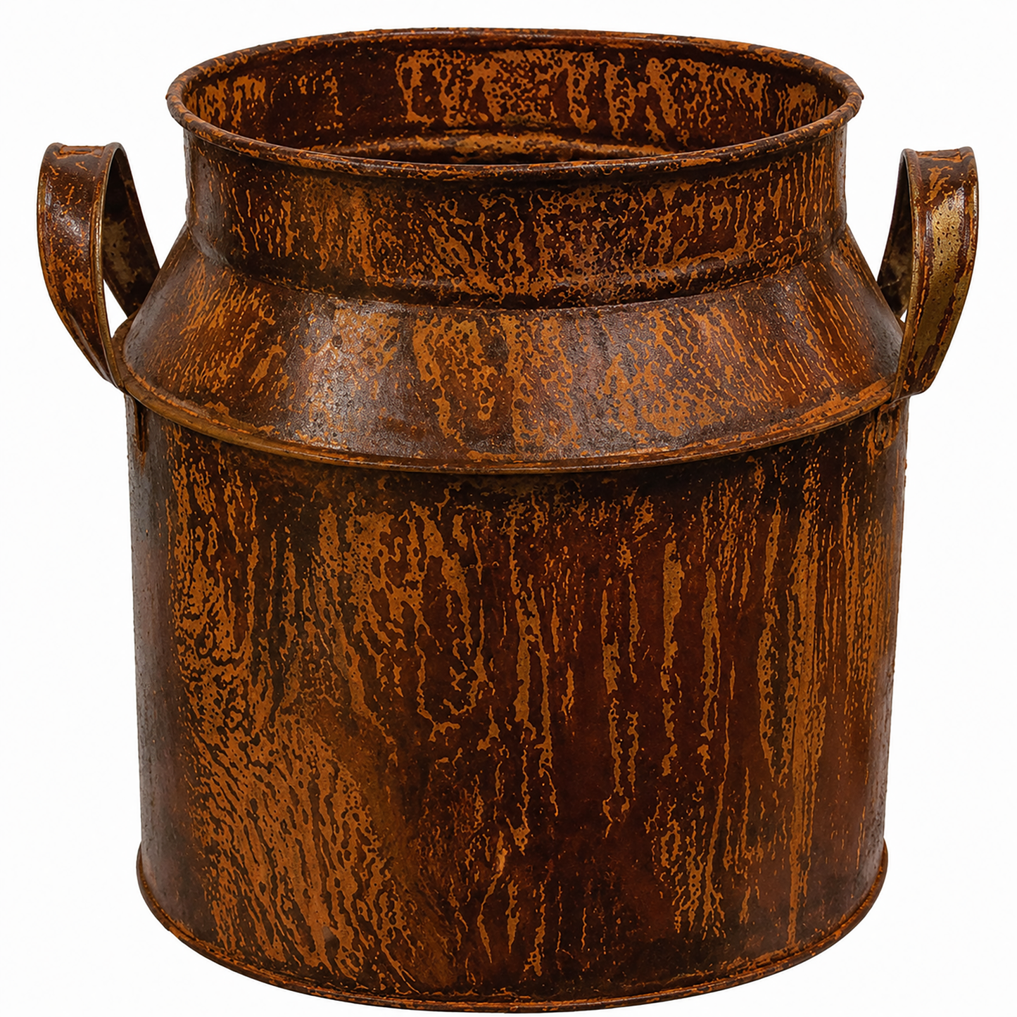 Rusty tin wide milk can with a distressed rusted finish and side handles displayed against a clean white background.
