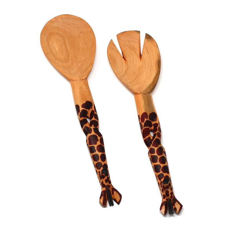 Hand-carved wooden giraffe salad servers – A beautifully handcrafted 2-piece salad serving set made from sustainable mhugu wood in Kenya. Each utensil features a unique giraffe silhouette on the handle, adding an artistic touch to any kitchen or dining setup.