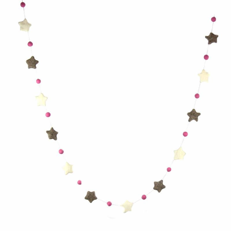 Handcrafted pink and grey wool felt star garland for nursery décor