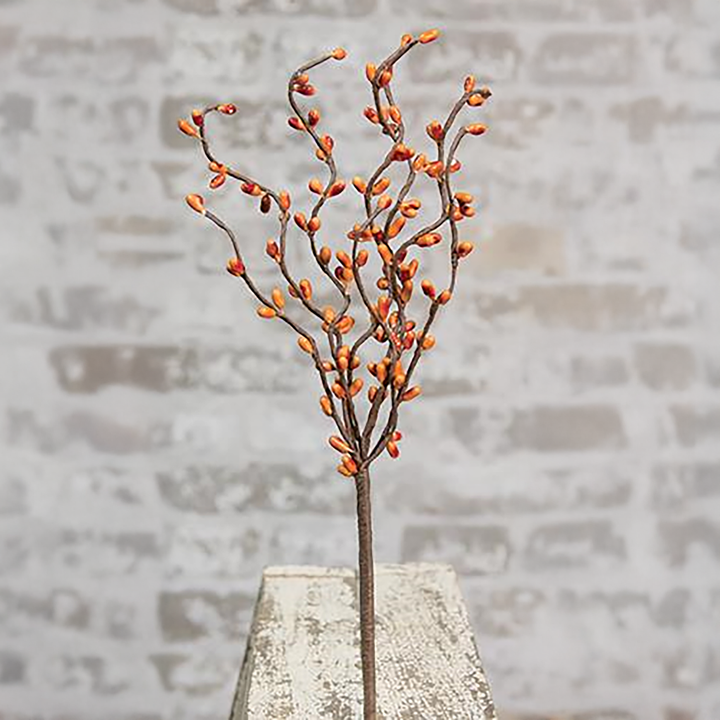 Mustard yellow pip berry floral pick with nine posable branches and rustic brown-wrapped stem for fall and country-style decor