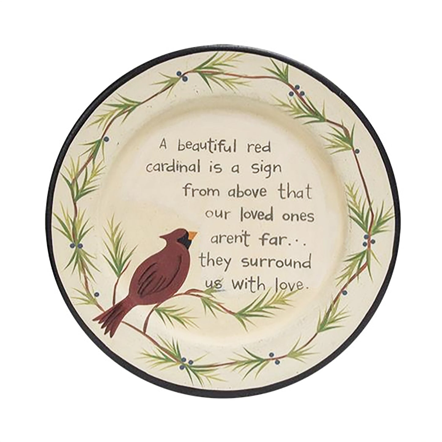 Decorative wood plate with painted red cardinal, memorial quote, and branch border design