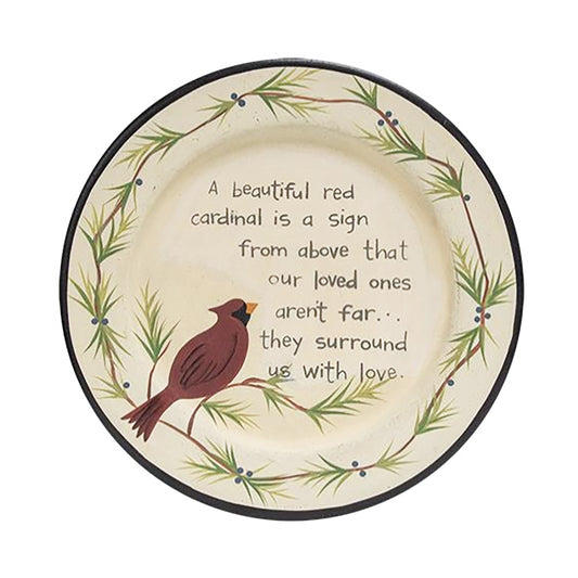 Decorative wood plate with painted red cardinal, memorial quote, and branch border design