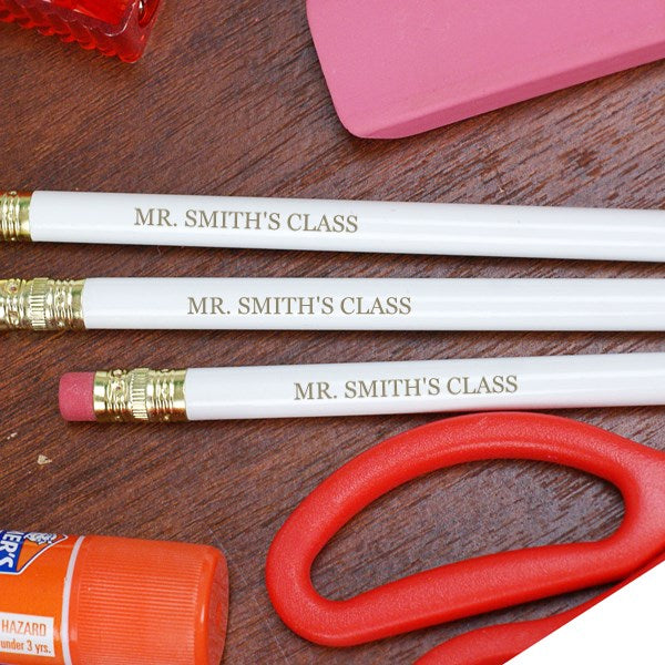 Set of personalized white school pencils engraved in all caps – custom student supplies for classroom or home use