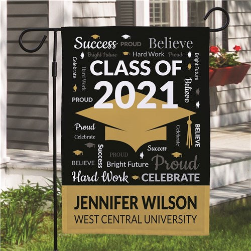 Double-sided version of the personalized grad flag shown on a stand