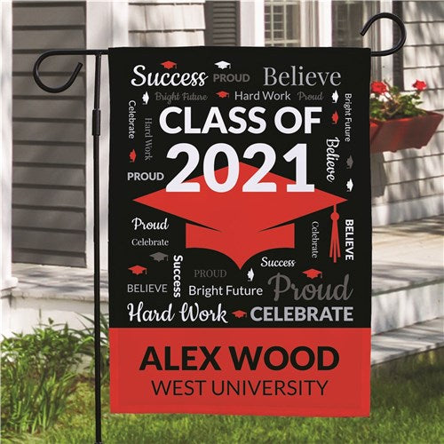 Close-up of "Class Of" text and custom name printed on the flag