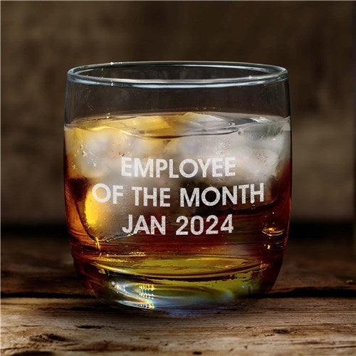 Custom engraved whiskey glass with clear tumbler and short text