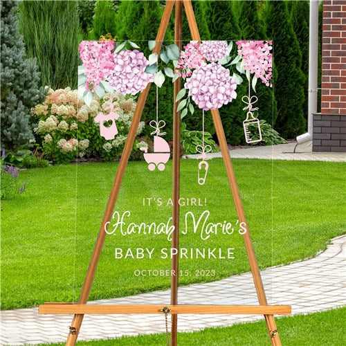 24x36 Pink Acrylic Baby Shower Sign with Hydrangeas and Baby Icons