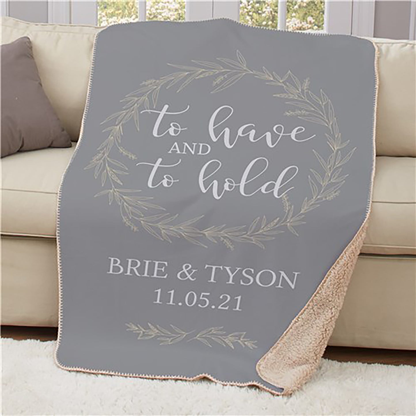 Soft fleece throw with romantic quote and personalization