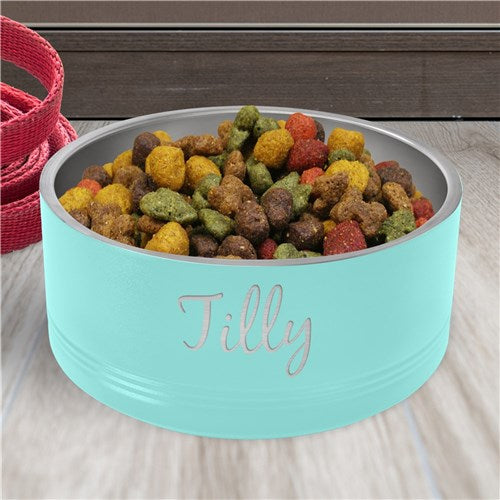 Teal personalized dog bowl with custom name in script font