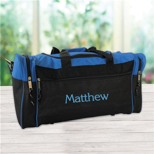 Embroidered sports duffel bag with custom name, ideal for athletes and weekend trips