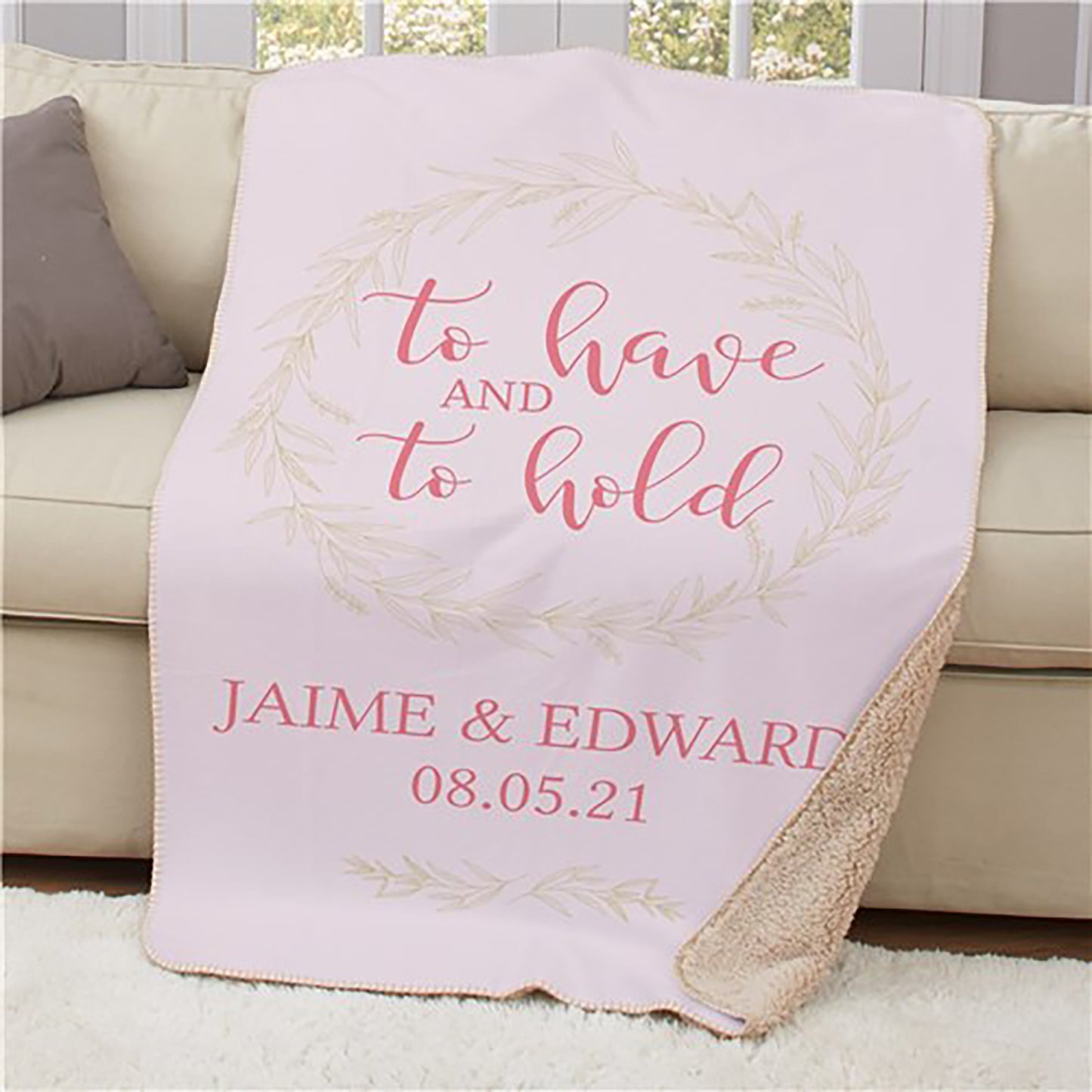 Sherpa backing and printed mink front personalized with couple's info