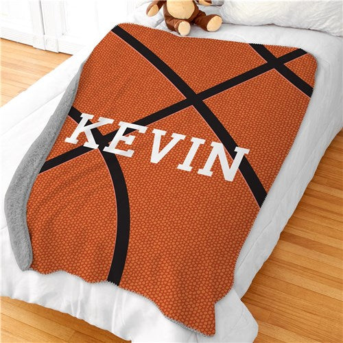 Cozy basketball throw blanket with gray sherpa and custom name print