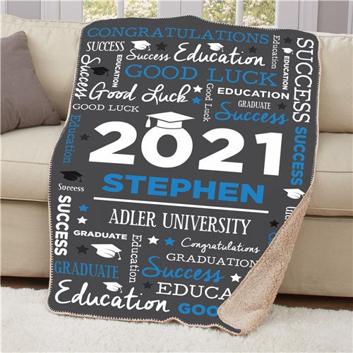 A close-up of the Custom Grad Sherpa Blanket, highlighting the soft mink-touch front with intricate personalized text