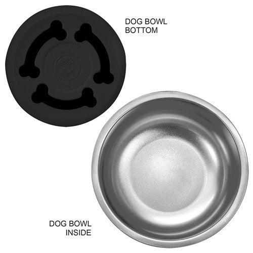 Close-up of no-slip bottom and metal pet bowl.